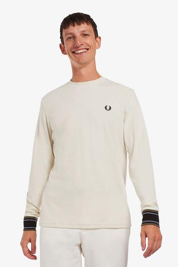 White Fred Perry Striped Cuff Long Sleeve Men's T Shirts | PH 1771DFMN